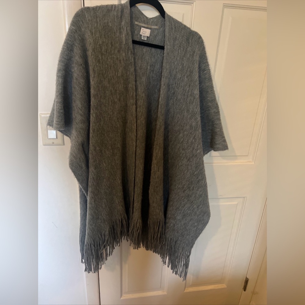 Cozy soft grey shawl with fringe and arm holes